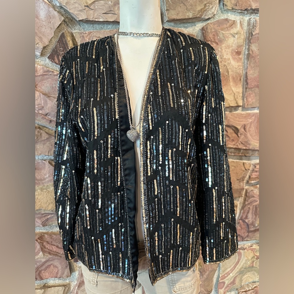 Gala  Frances Henaghan Black and Gold SequinBeaded mob wife stunning SZ 12‎